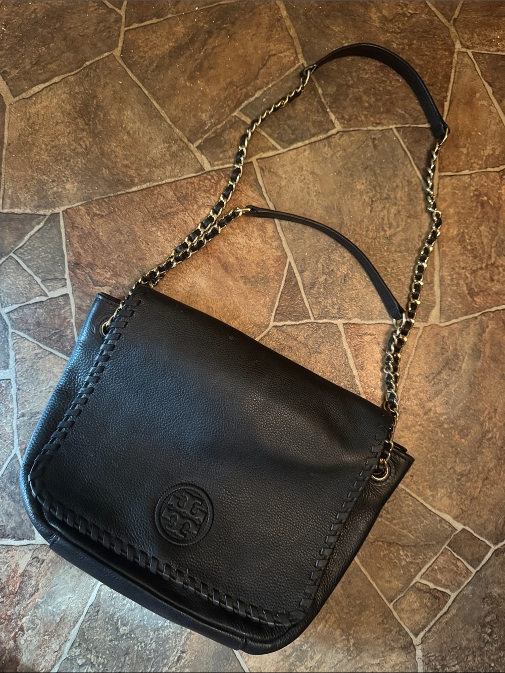 Tory Burch Black Pebbled Leather Whipstitch Chain Shoulder Bag
